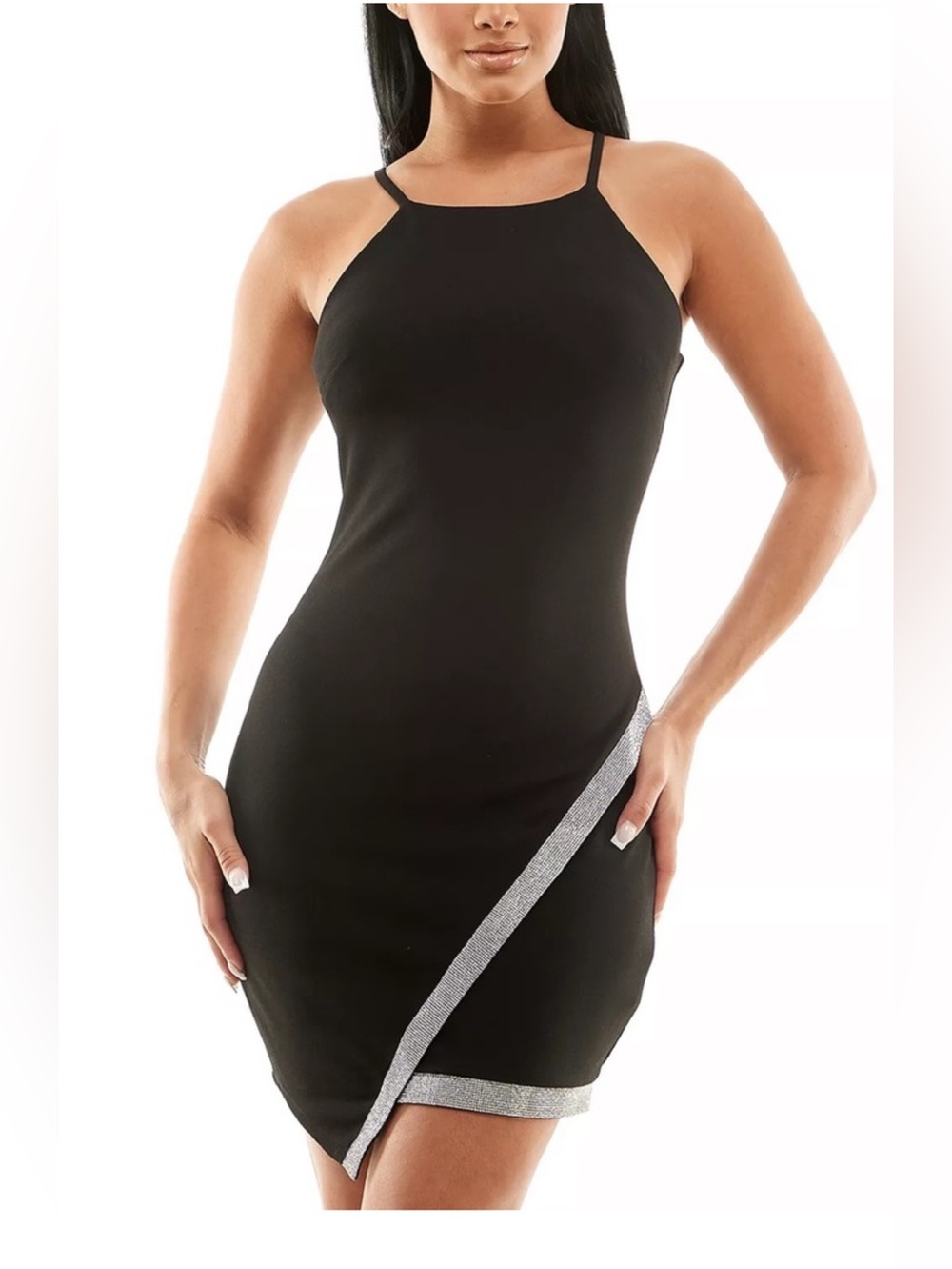 Black Halter Style NWT Occasion Dress Glitzy Rhinestone Asymmetrical-Hem Medium